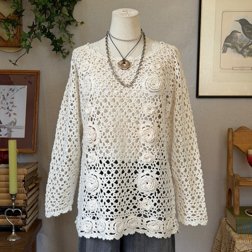 Cream Floral Crochet Long Sleeve Top Boho Vintage Overlay Sheer Tunic Sweater